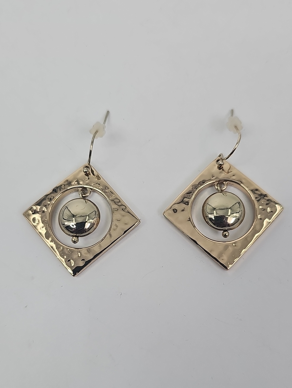 Hammered Square Drop Earrings with Center Disc - Gold